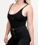 woman wearing black hemp bodysuit underwear
